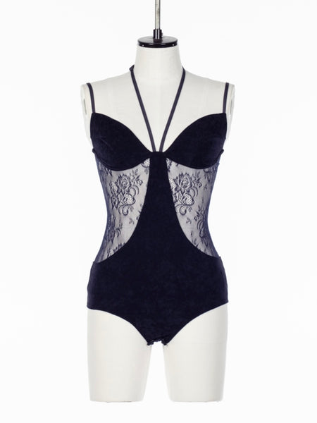 FETICO (フェティコ) | SHEER PANELED VELOUR BODYSUIT NAVY