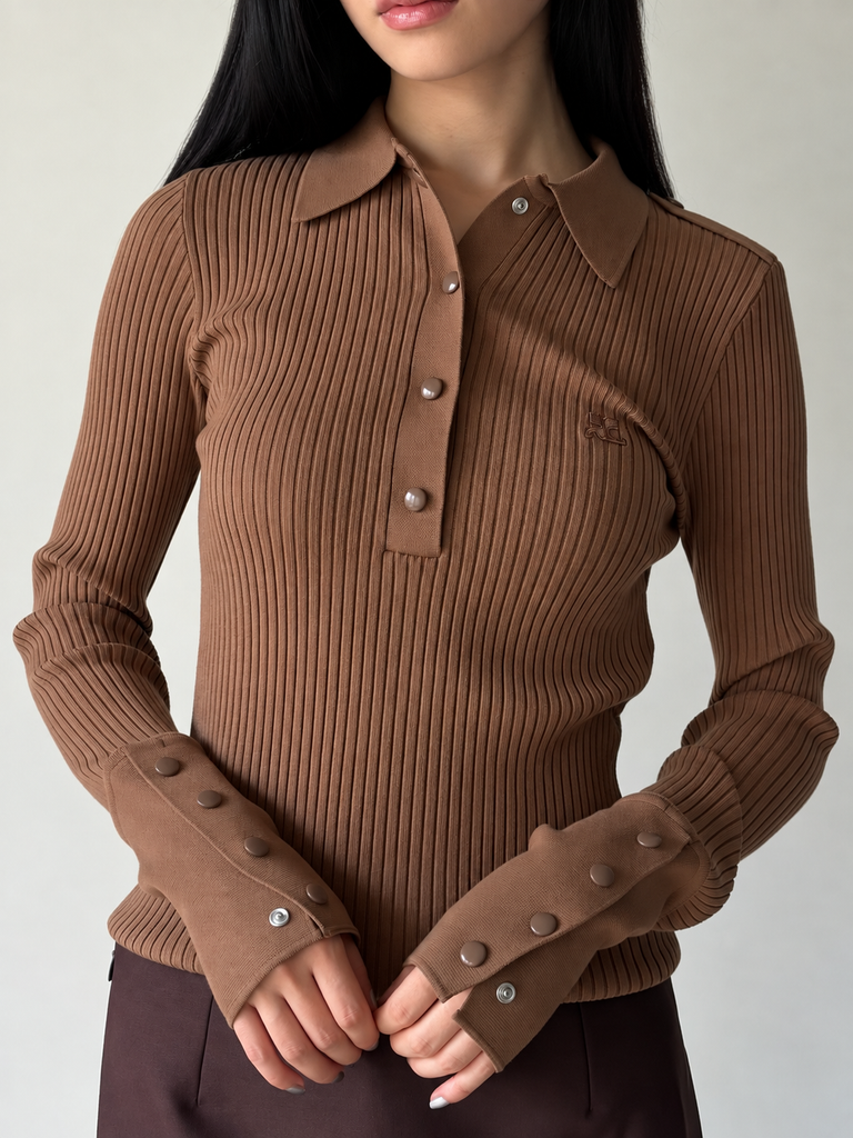 【326MPO072FI0001】RIB KNIT LS POLO SWEATER BROWN