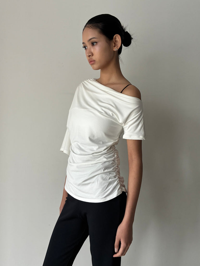 Collagen Off-Shoulder Draped Top WHITE