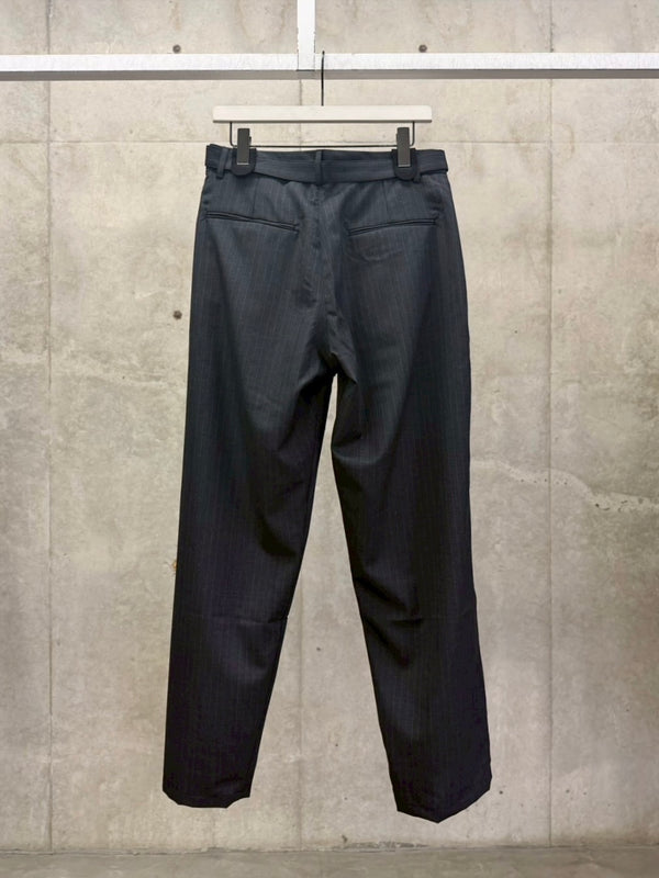 REN PINSTRIPE BELTED TUCK TROUSERS IN WOOL BLACK