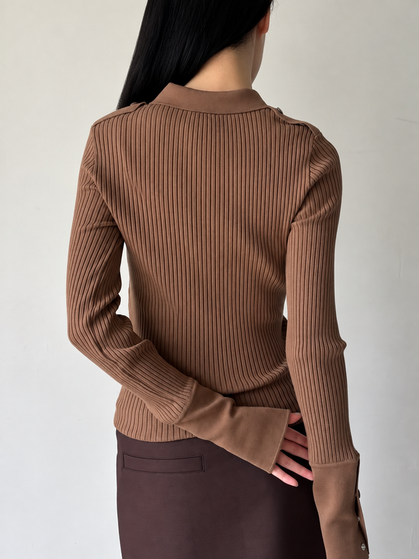 【326MPO072FI0001】RIB KNIT LS POLO SWEATER BROWN