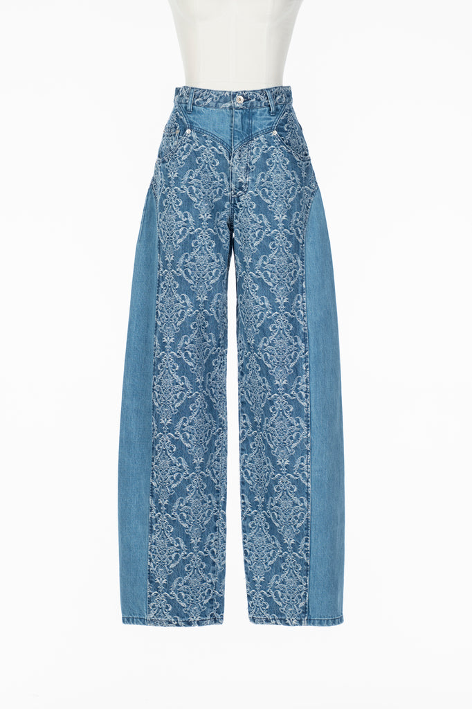 DAMASK-JACQUARD DENIM CURVE-FIT HIGH-RISE JEANS BLUE