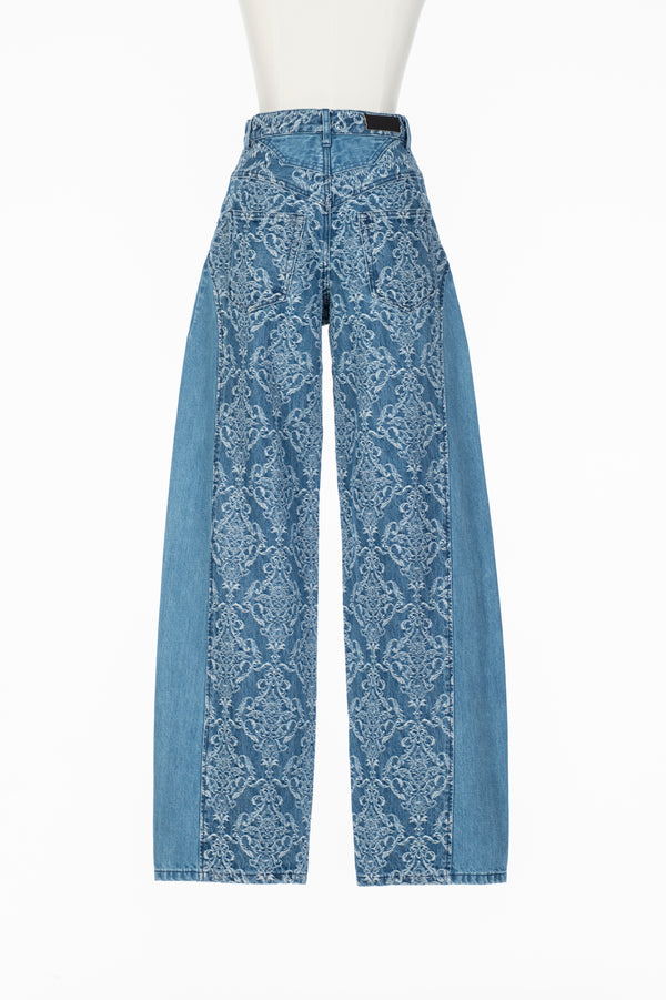 DAMASK-JACQUARD DENIM CURVE-FIT HIGH-RISE JEANS BLUE