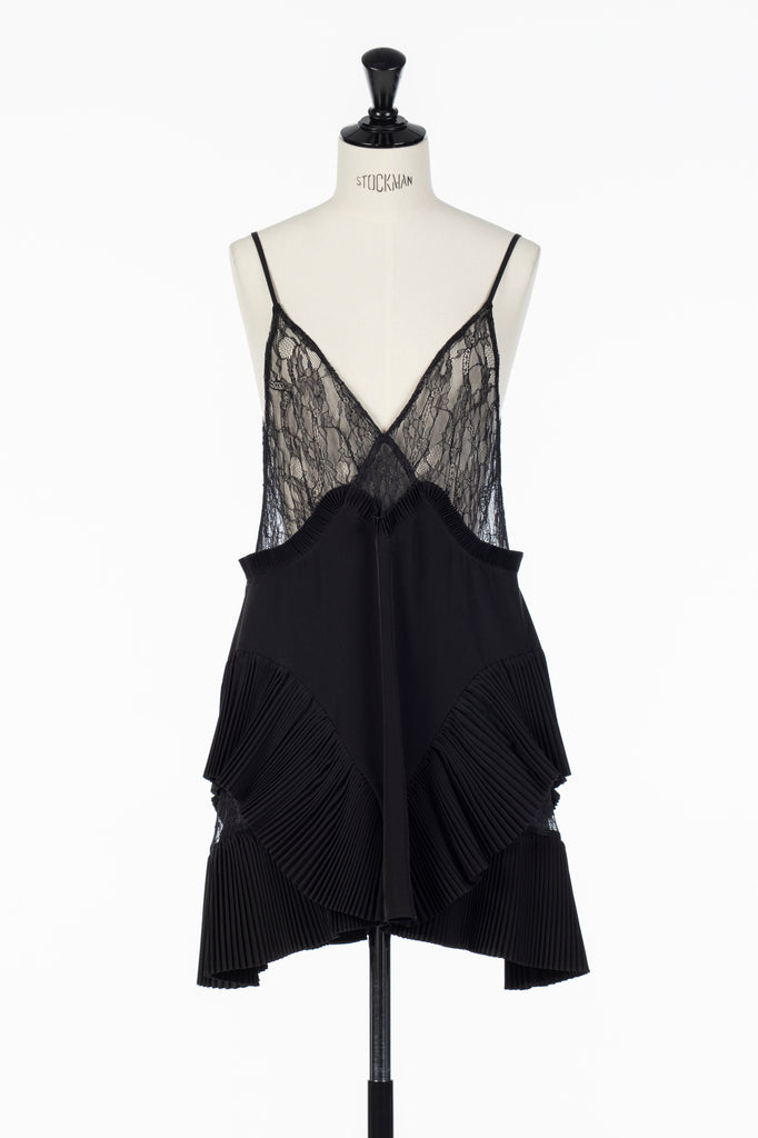 PLEATED MINI SLIP DRESS BLACK