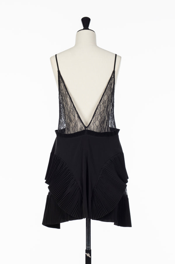 PLEATED MINI SLIP DRESS BLACK