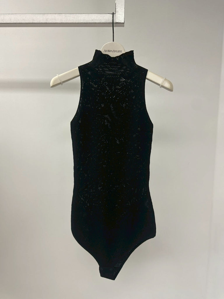 DAMASK LACE KNIT TURTLENECK BODYSUIT BLACK