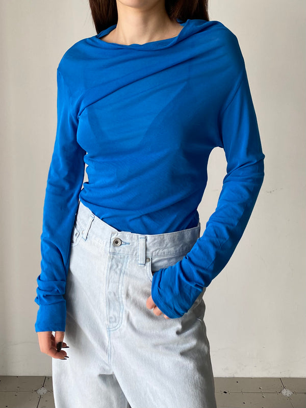 SHEER ASYMMETRY TOPS BLUE