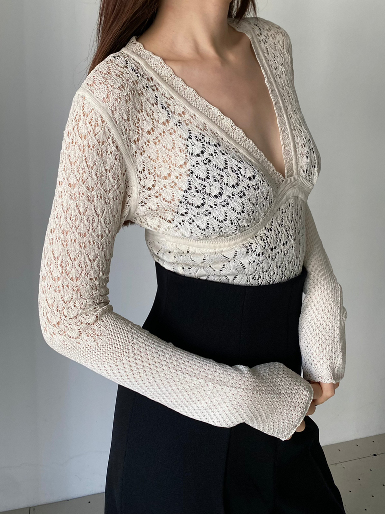 LACE KNIT V-NECK BODYSUITS WHITE