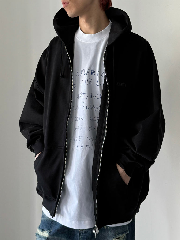 EMBROIDERED LOGO OVERSIZED ZIP-UP HOODIE BLACK