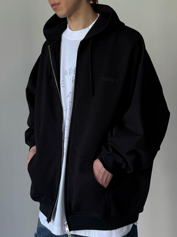 EMBROIDERED LOGO OVERSIZED ZIP-UP HOODIE BLACK