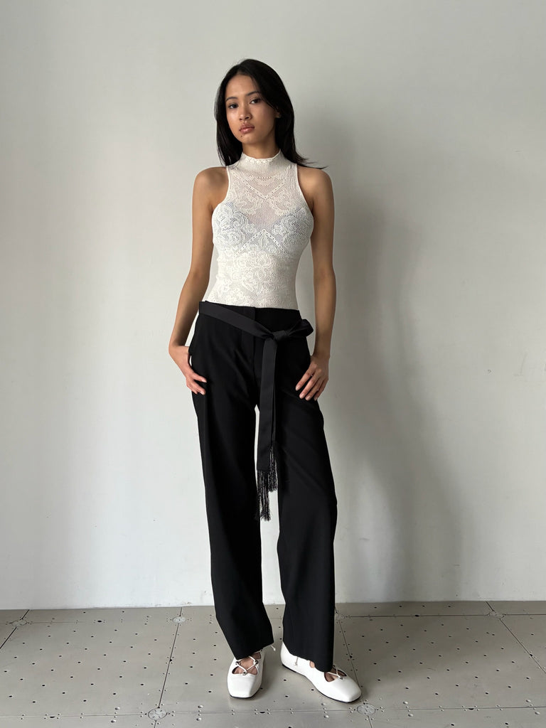 DAMASK LACE KNIT TURTLENECK BODYSUIT WHITE