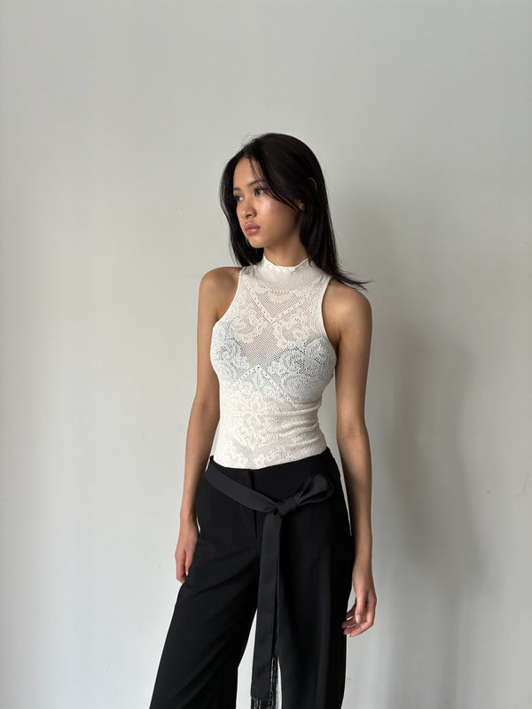 DAMASK LACE KNIT TURTLENECK BODYSUIT WHITE