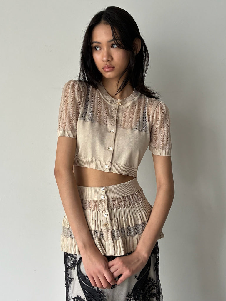 【FTC262-0703】CONVERTIBLE SHEER STRIPE KNIT CARDIGAN BEIGE