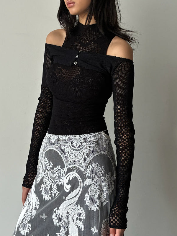 【FTC262-0714】RASCHEL LACE KNIT CROPPED BOLERO BLACK