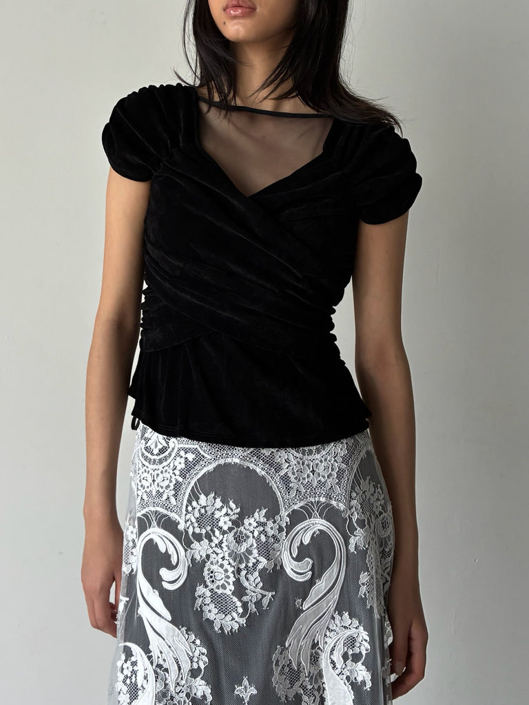 【FTC262-0410】VELVET TULLE GATHERED TOP BLACK