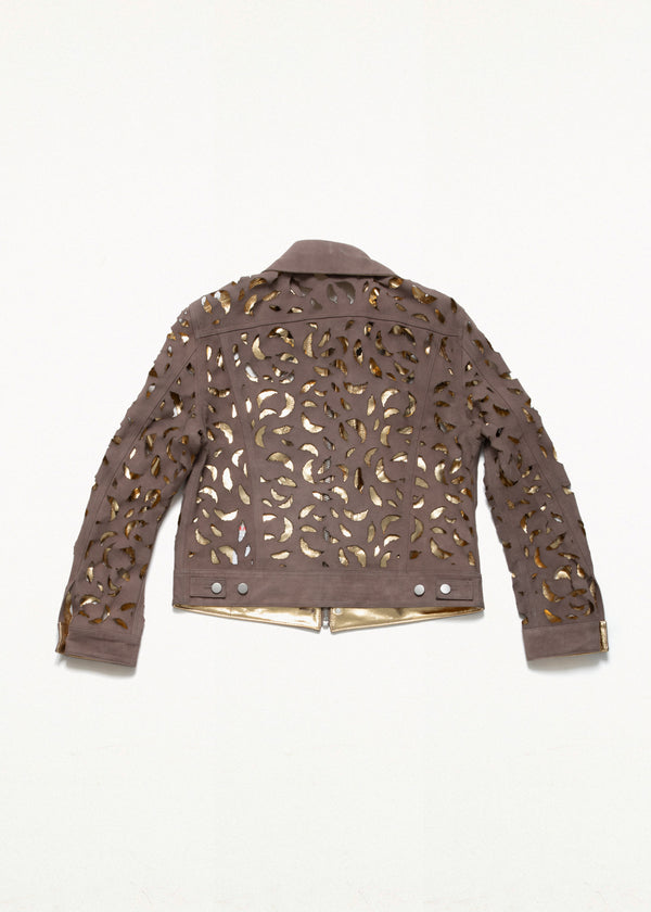 WING-CUT LETHER TRUCKER JACKET BROWN